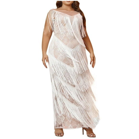 Boho Dress Womens Round Neck Sleeveless Tassel Gown Evening Dress Plus Size Solid High Low Fringe Formal Maxi Dress Wrap Dress S-80 White L