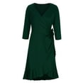 thumbnail image 4 of Modest Dresses for Women Women's Wrap Dress V Neck 3/4 Sleeve Ruffle Hem Midi Dress Casual Work Dress Evening Cocktail Party Dress S-18 Green S, 4 of 6