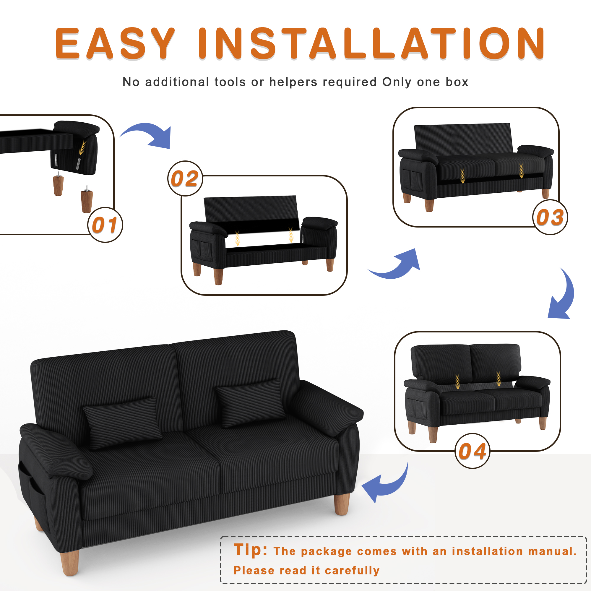 71” Corduroy Sofa for Living Room, AAQZ Small Comfy Couch for Small Space, One Box, Loveseat,Black