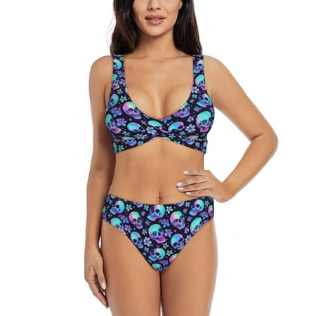 Zeuib Skull flower tie dye High Waisted Tummy Control Bikini Set - Knot Front Push Up Top & Cheeky Thong Bottom  Two-Piece Swimsuit for Women-Medium