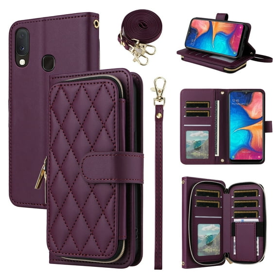 Furiet Argyle Wallet Case for Samsung Galaxy A20 A30 with Wrist/Shoulder Strap, Card Slot Zipper Purse Luxury PU Leather Card Holder Stand Checkered Phone Cover for M10s A 30 20A SM A205G Deep Purple