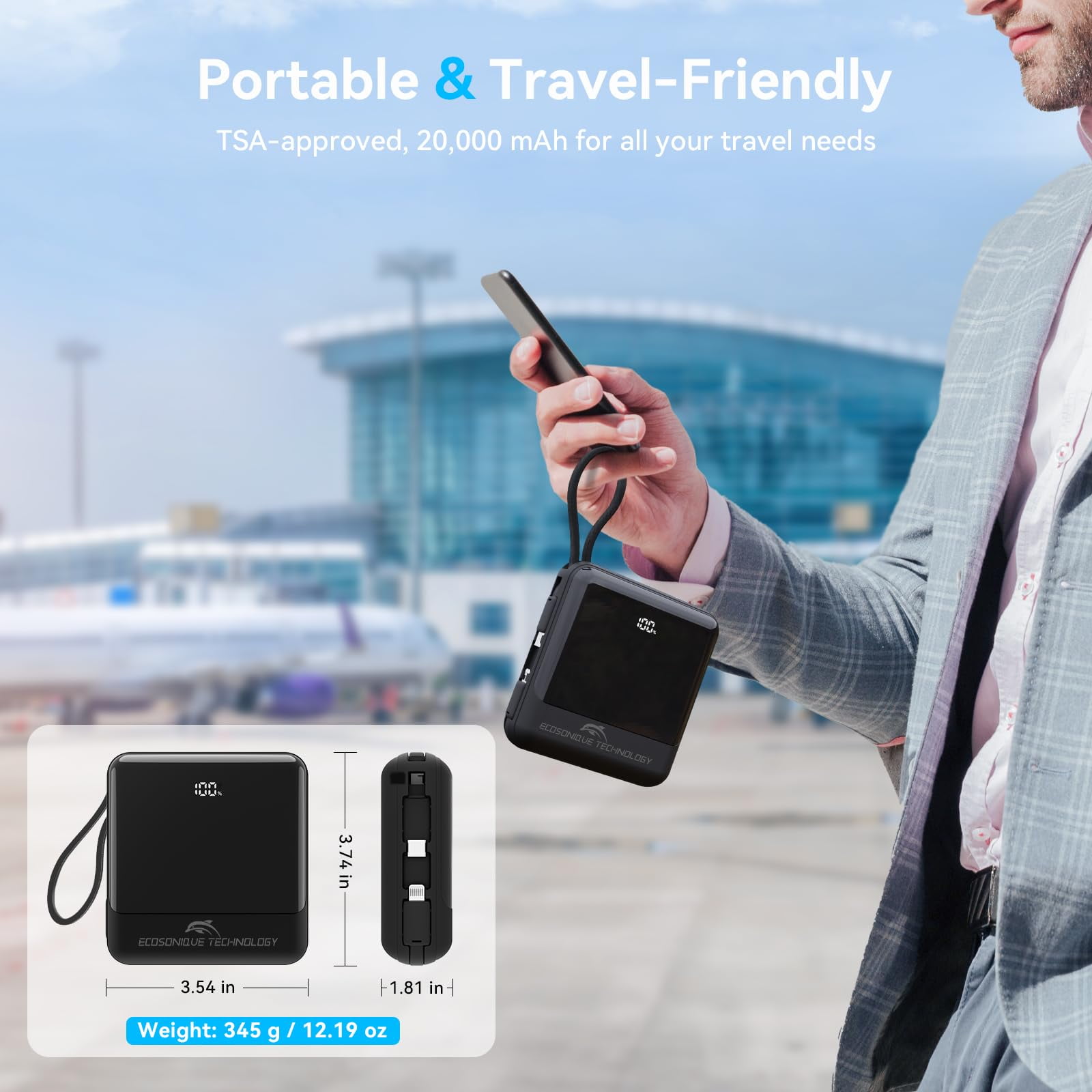 Ecosonique 20000mAh Power Bank 33W Max Fast Charging Portable Charger with Built in Cables USB C Phone Battery Pack for iPhone Cellphone Tablets