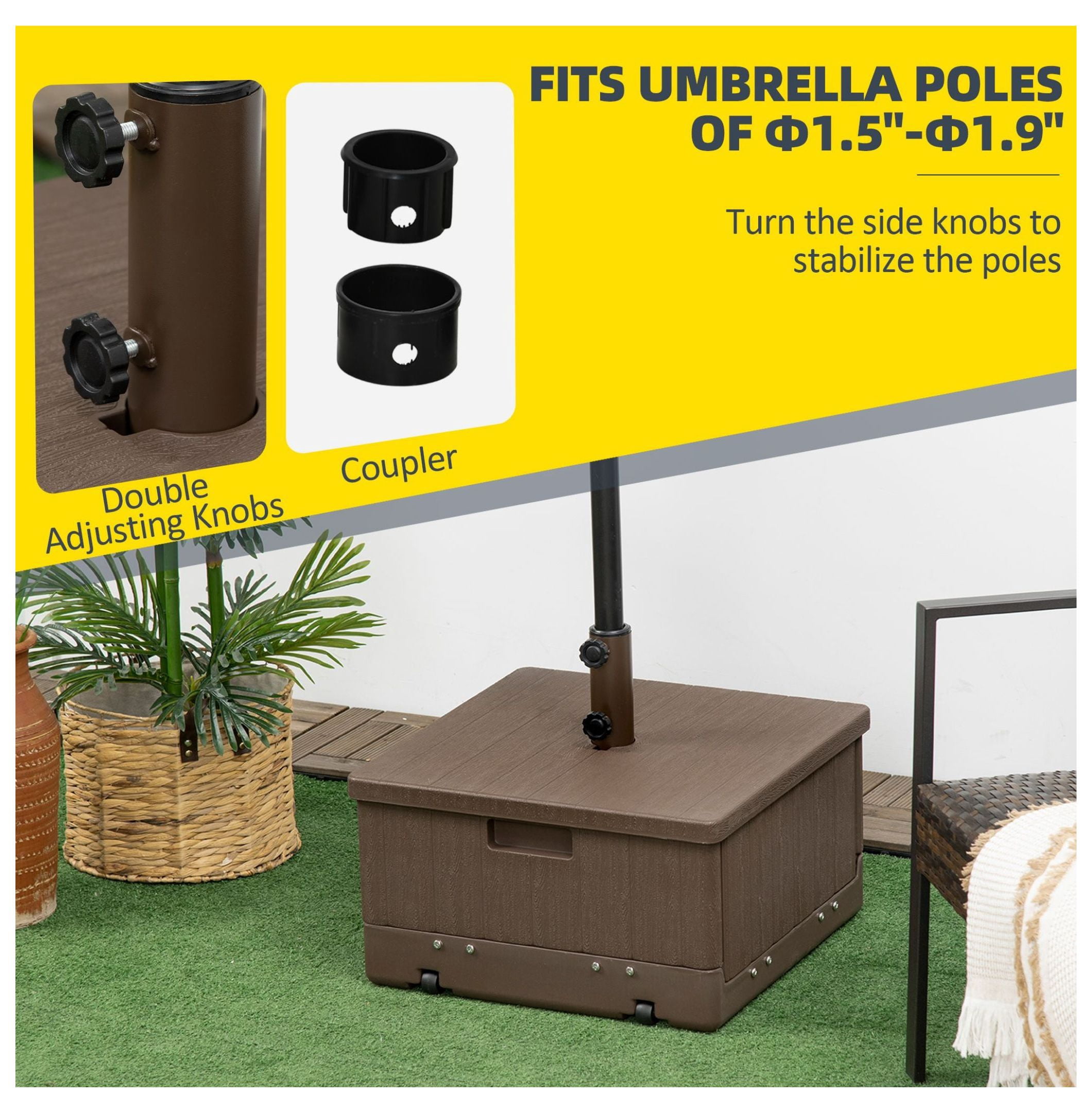 3-in-1 Outdoor Umbrella Base, Coffee End Table, Flower Box Planter, 175lbs Capacity Patio Umbrella Stand Table with Wheels and Handles, Brown