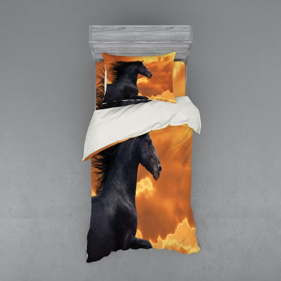 Ambesonne Nature Bedding Set 3 Pcs, Galloping Friesian Horse, Twin XL, Black Orange