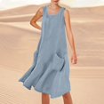 thumbnail image 2 of Vestido de playa sin mangas de color liso para mujer, largo hasta la rodilla, cuello redondo informal con bolsillos, para vacaciones, viajes y uso diario., 2 of 5