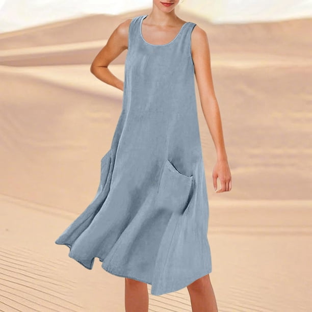WILLBEST Vestido Lino Mujer Vestido Playero Informal De Verano De Color Liso Sin Mangas Hasta La Rodilla Con Cuello Redondo Y Bolsillos Para Vacaciones, Viajes Y Uso Diario