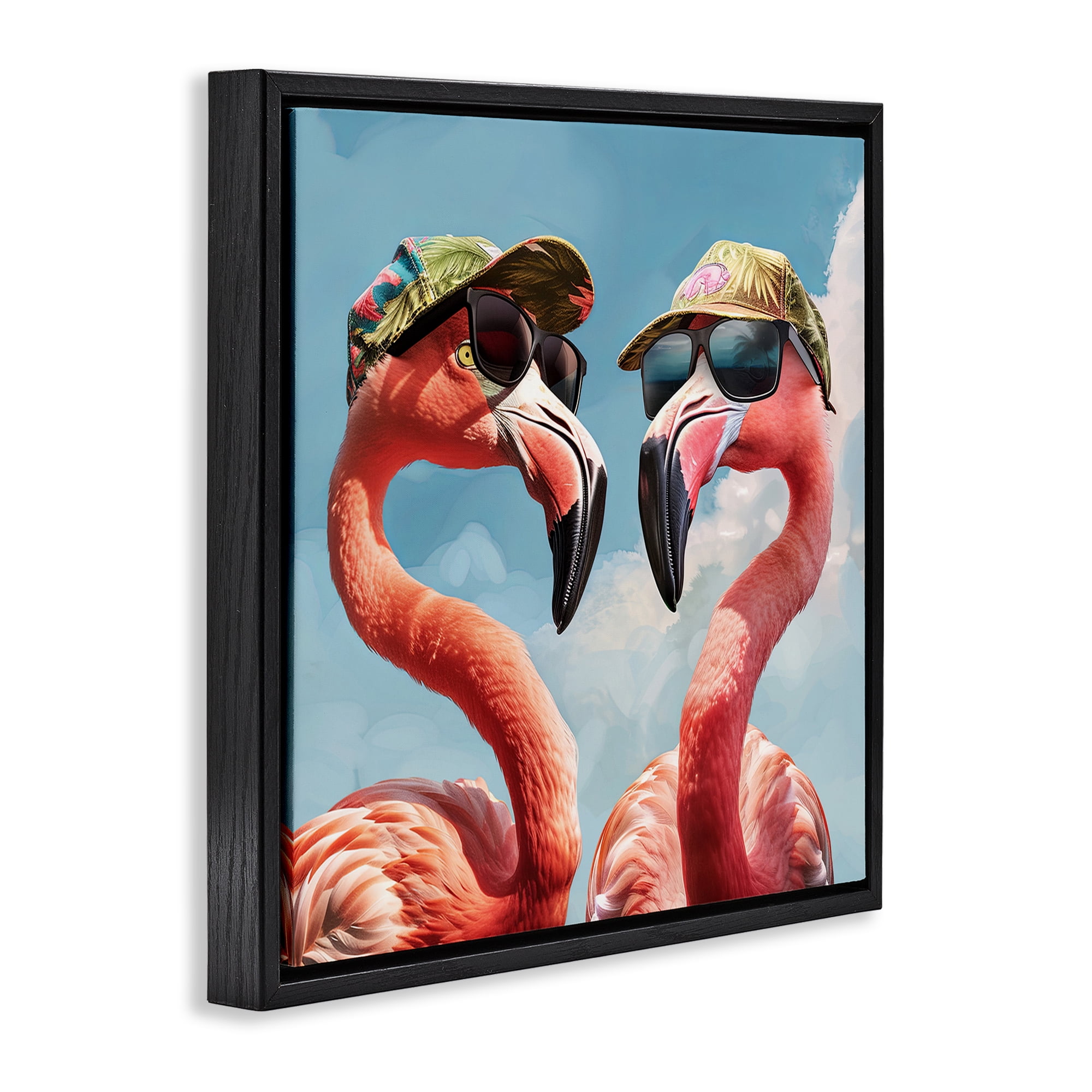 Stupell Industries Flamingos with Tropical Hats Animals Painting Black Floater Framed Canvas Art Print Wall Art, 18 x 18