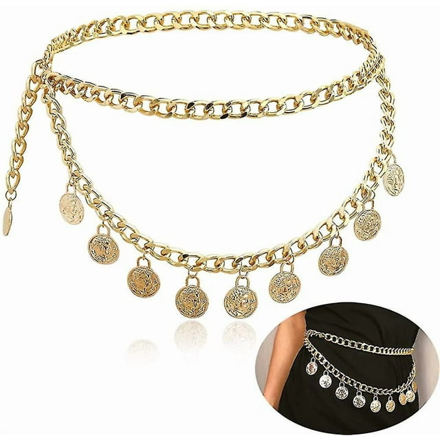 Alloy Waist Chain Body Chain For Women Waist Belt Coin Tassel Pendant Belly Chain Adjustable Body Harness For Jeans Dresses 2pcs