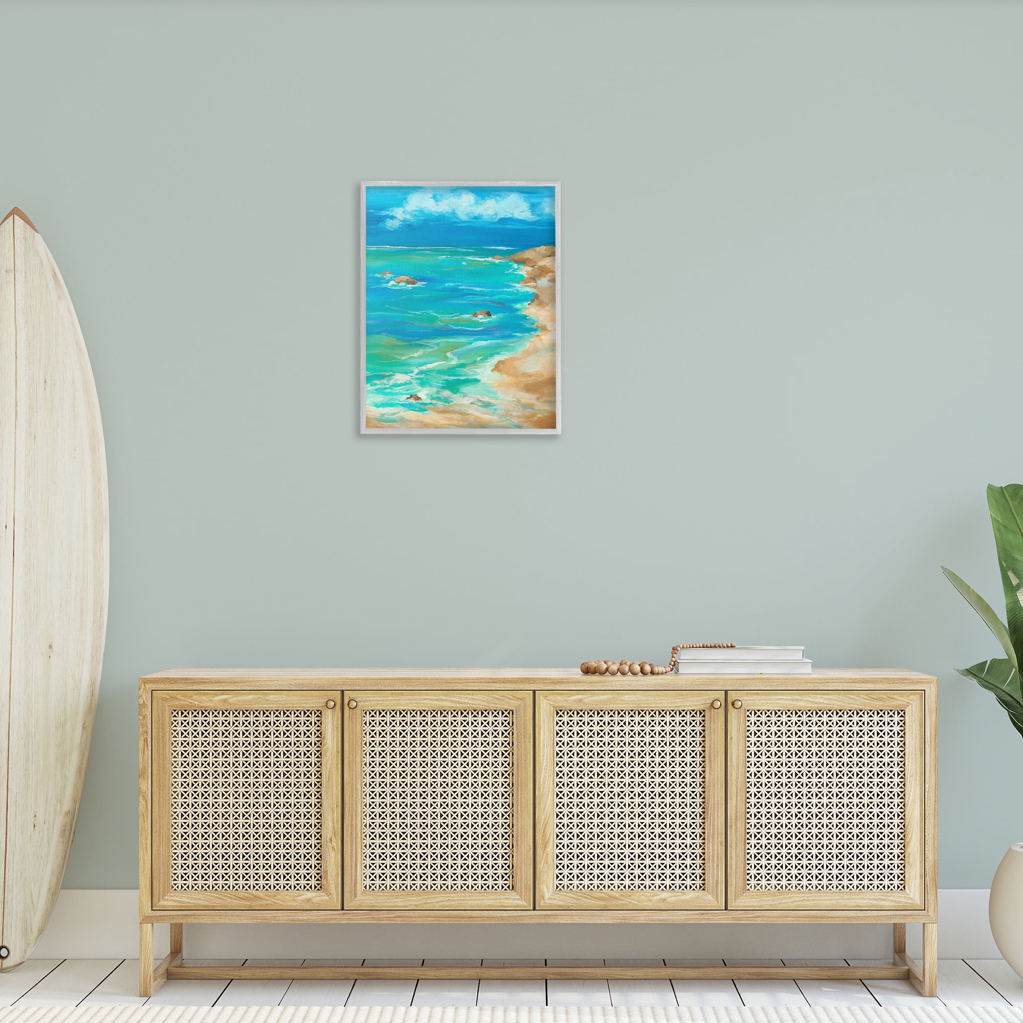 Stupell Industries Vivid Rocky Beach Cove Landscape Painting Gray Framed Art Print Wall Art, 24 x 30