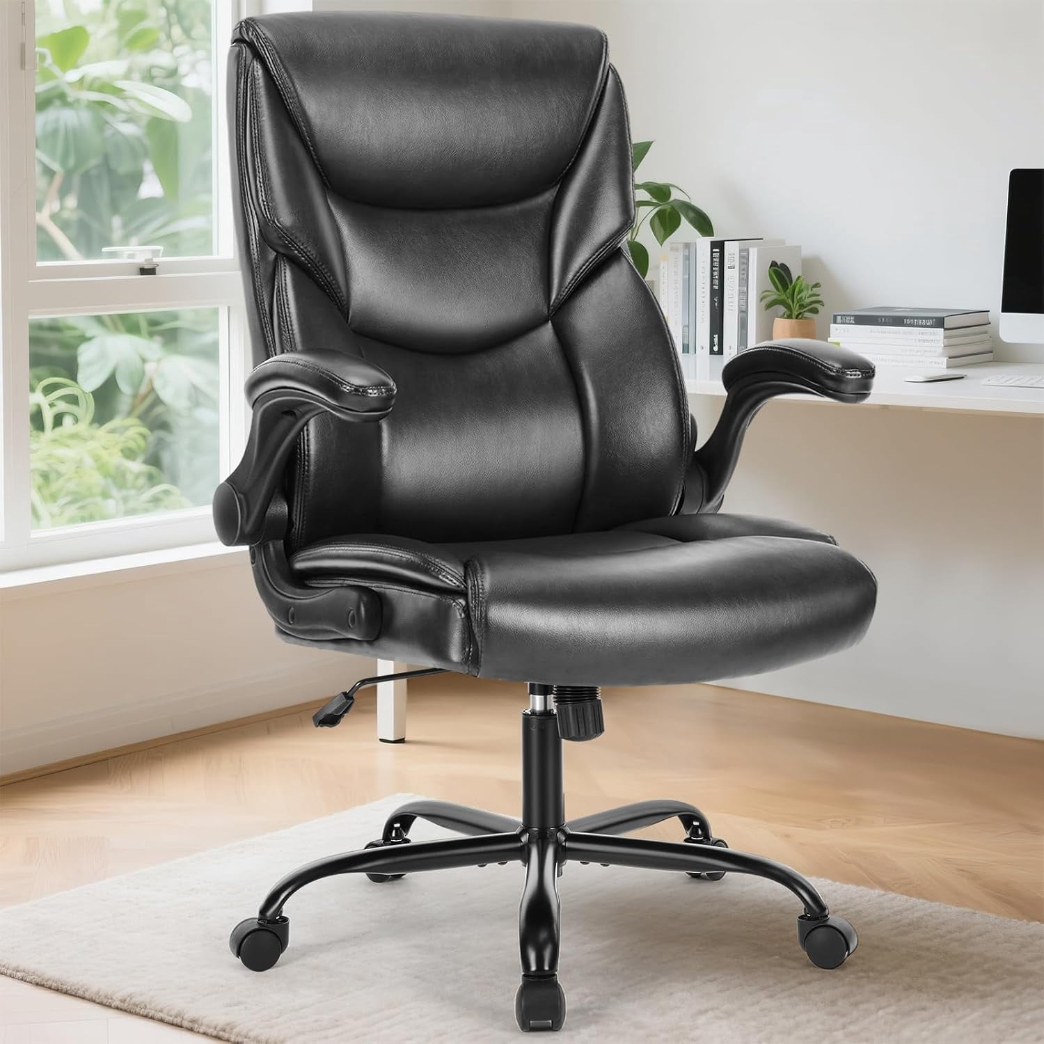 Ergonomic Office Chair, High Back Executive Desk Chair with Lumbar Support, Adjustable PU Leather Computer Chair with Flip-up Arms, Swivel Rolling Wheels Chair for Home and Office Use