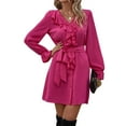 thumbnail image 1 of Robe à Manches Longues Col en V Profond Couleur Unie Falbala Robe pour Femmes pour Fête Loisirs Bureau École Rose Rouge m, 1 of 8