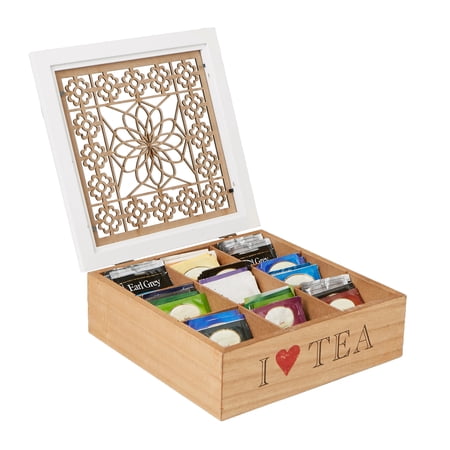 Mind Reader Single Serve Pouch Divided Tea Box Storage Holder with Wood Floral