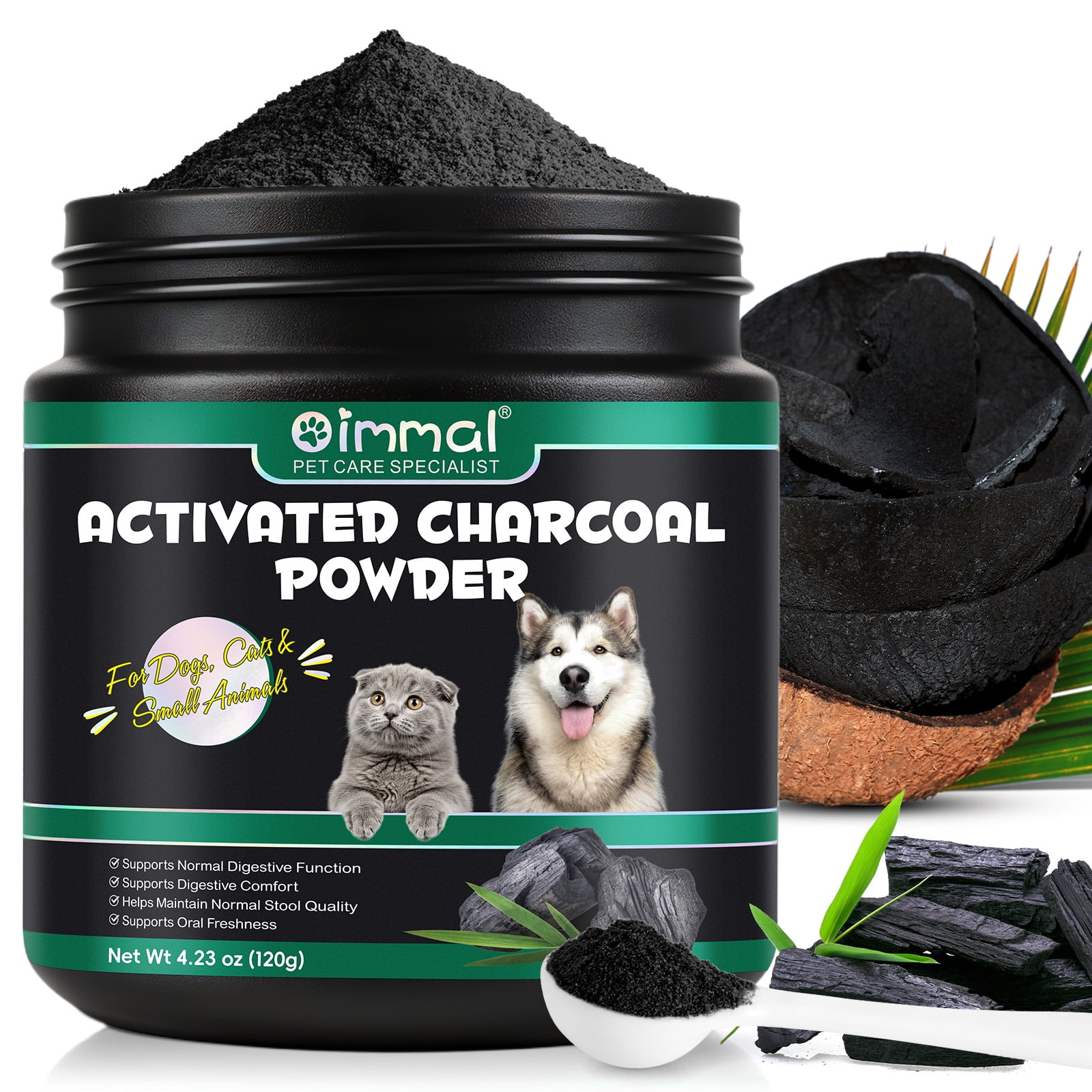 Oimmal Activated Charcoal Powder for Pets, 4.23 oz, Natural Digestive Support for Dogs, Cats & Small Animals, Supports Oral Freshness, Helps Normal Stool, Gluten & Soy Free