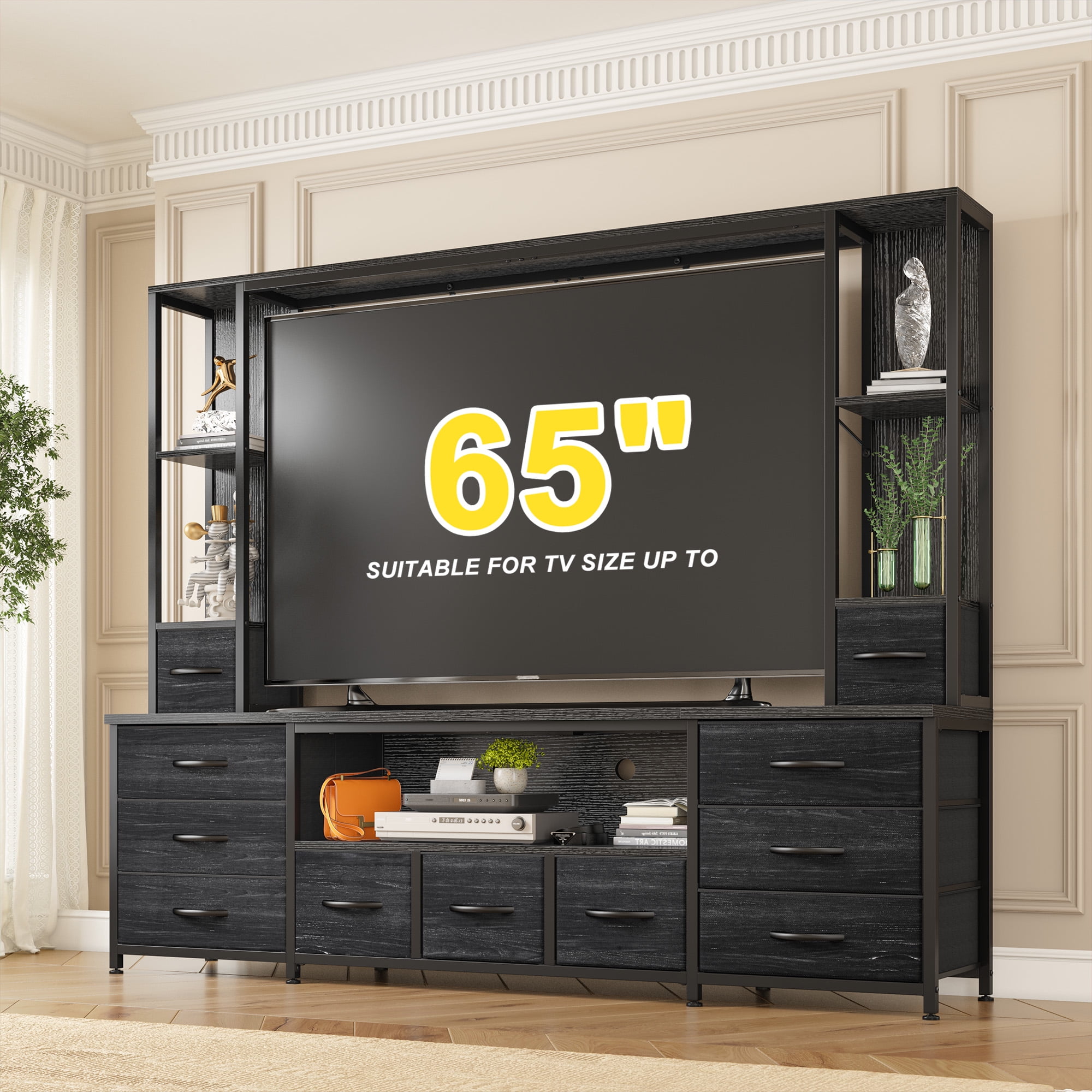 EnHomee 65" TV Stands for Living Room Entertainment Wall Unit with 11 Fabric Drawer TV Console Table with LED Lights & Power Outlets,Black