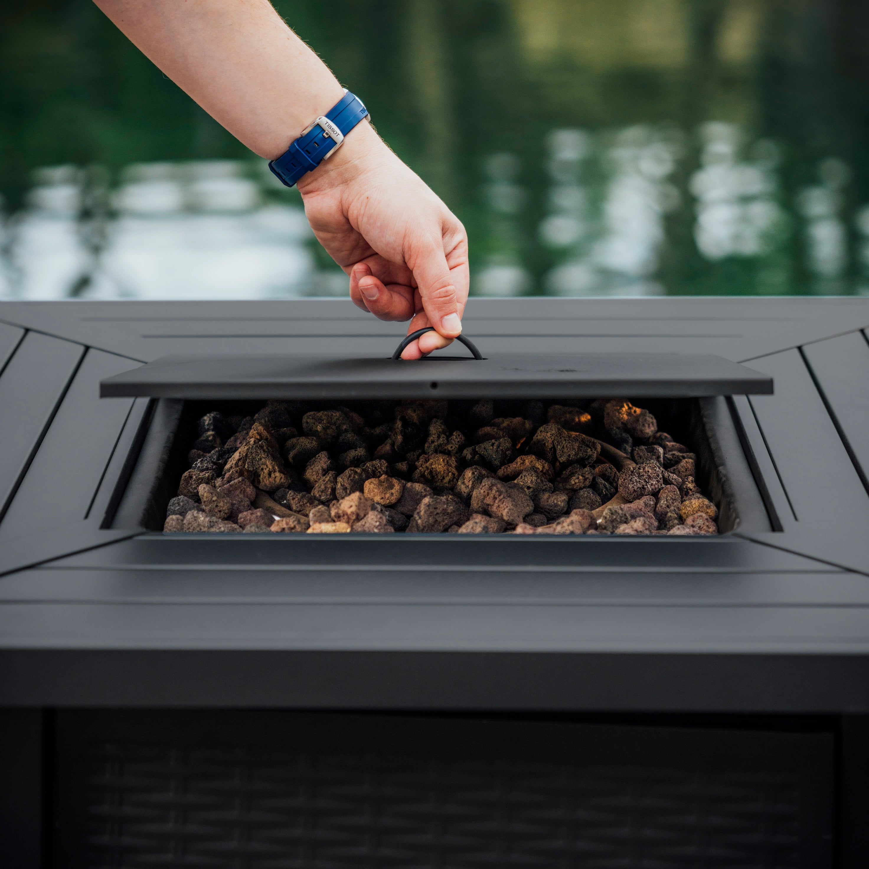 Phoneix 28” Propane Fire Pit Table for Outside with Lava Rocks, Weatherproof Protective Cover and Electronic Ignition, Black