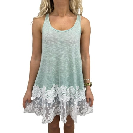 

Womens Summer Casual Flowy Fit Long Tunic with Lace Trim Tank Top