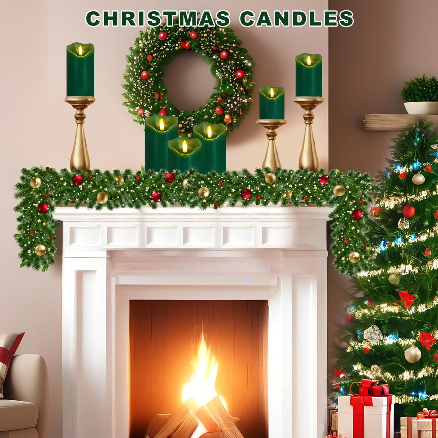 Flameless Candles Lights, Set of 3 Green Flickering LED Candles with Remote & Timer, Dimmable LED Pillar Candles Battery Operated, Electric Candles for Home Thanksgiving Christmas Decor