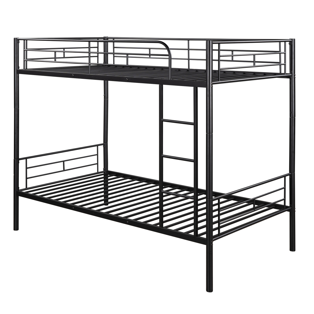 Twin Over Twin Metal Bunk Bed with Ladder and high Guardrail, Heavy Duty Bunk Beds for Kids/Teens/Adults, Double Twin Bed with Metal Slats and Heighten Guardrails, Black