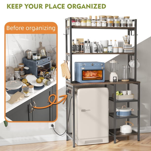 Kitchen Bakers Rack, Microwave Oven Stand With Large Wire Basket Industrial Coffee Bar Station 4 Tier Kitchen Utility Storage Shelf 8 Hooks Spice Pots Orga