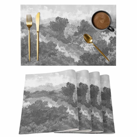 Abstract Pine Trees Placemats Set of 4 Gray Forest Fogged Mist Contemporary Zen Place Mats Indoor Wipeable Table Mats Washable Cloth Dining Table Placemats for Kitchen Holiday Party Decor 13x19 Inch