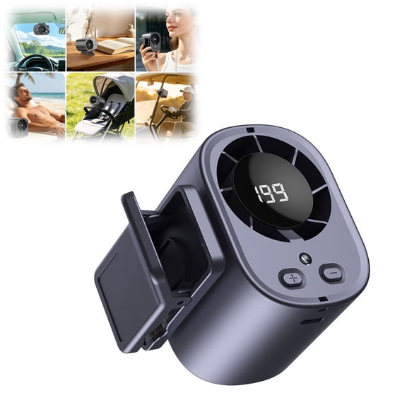 Portable Clip on Car Fan with LED Display, 360° Rotation, USB Rechargeable 2000mAh Cooling Fan for Vehicle Office Camping(Gray)