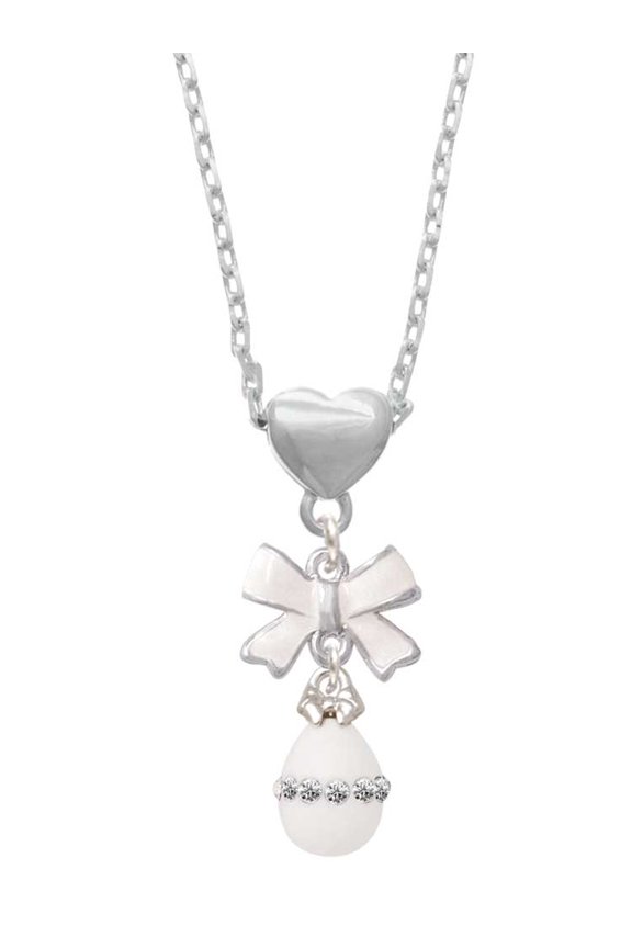 White Easter Egg with Clear Crystal Band White Bow Heart Necklace