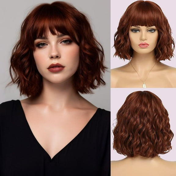 Short Auburn Wigs for Women Dark Ginger Wig with Bangs Wigs Natural Looking Curly Hair Medium Length Synthetic Bob Wig Wavy Colorful Wigs（14 Inches）