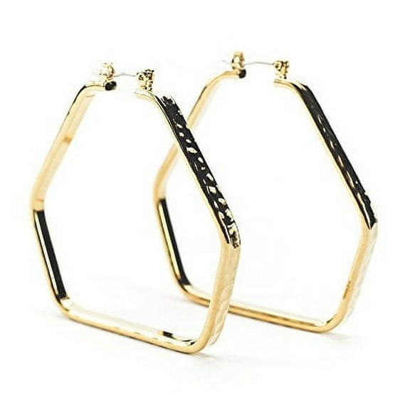Modern Geometric Hexagon Hoop Earrings - Hammered Gold Tone Statement Jewelry Gold