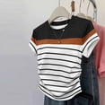 thumbnail image 1 of Uootdi Womens Color Block Striped Tops Round Neck Short Sleeve Ruched Side Design Everyday Chic Style Lightweight Comfortable Tees Gift, 1 of 5