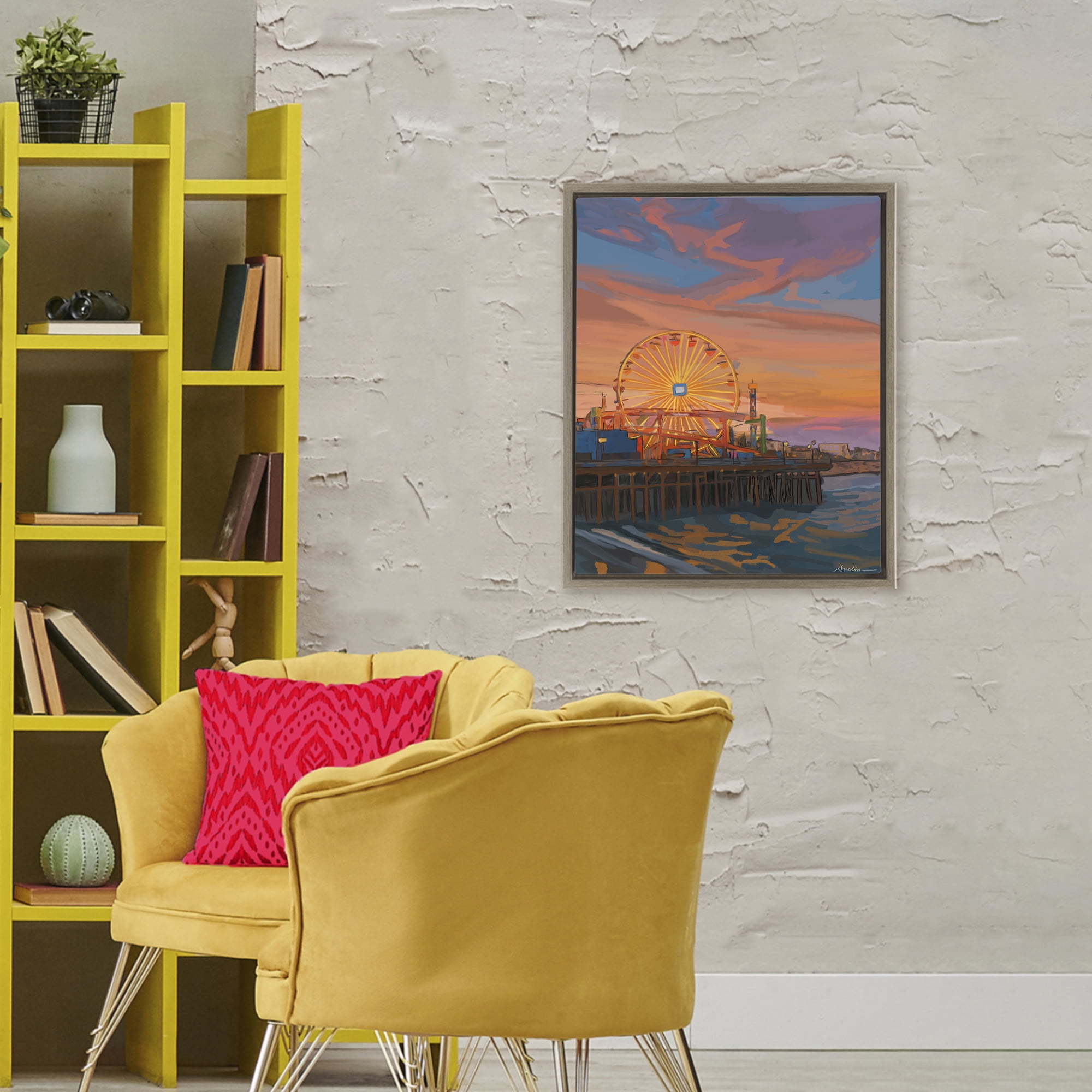 Stupell Industries Santa Monica Pier Sunset Brown Framed Floater Canvas Wall Art, design by Amelia Noyes
