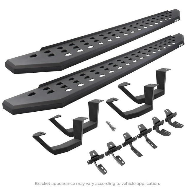 Fits 2004-2014 Ford F-150 Go Rhino Running Board 6941268020PC RB20; Textured Powder Coated; Black Galvanized Steel; Unlighted; Rocker Panel Mount; With Drop Down Steps