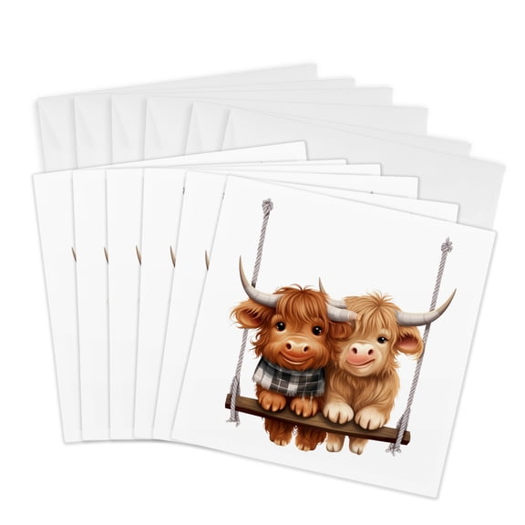 3drose, Two Cute Highland Cows on a Swing Illustration, 6 Greeting Cards with Envelopes
