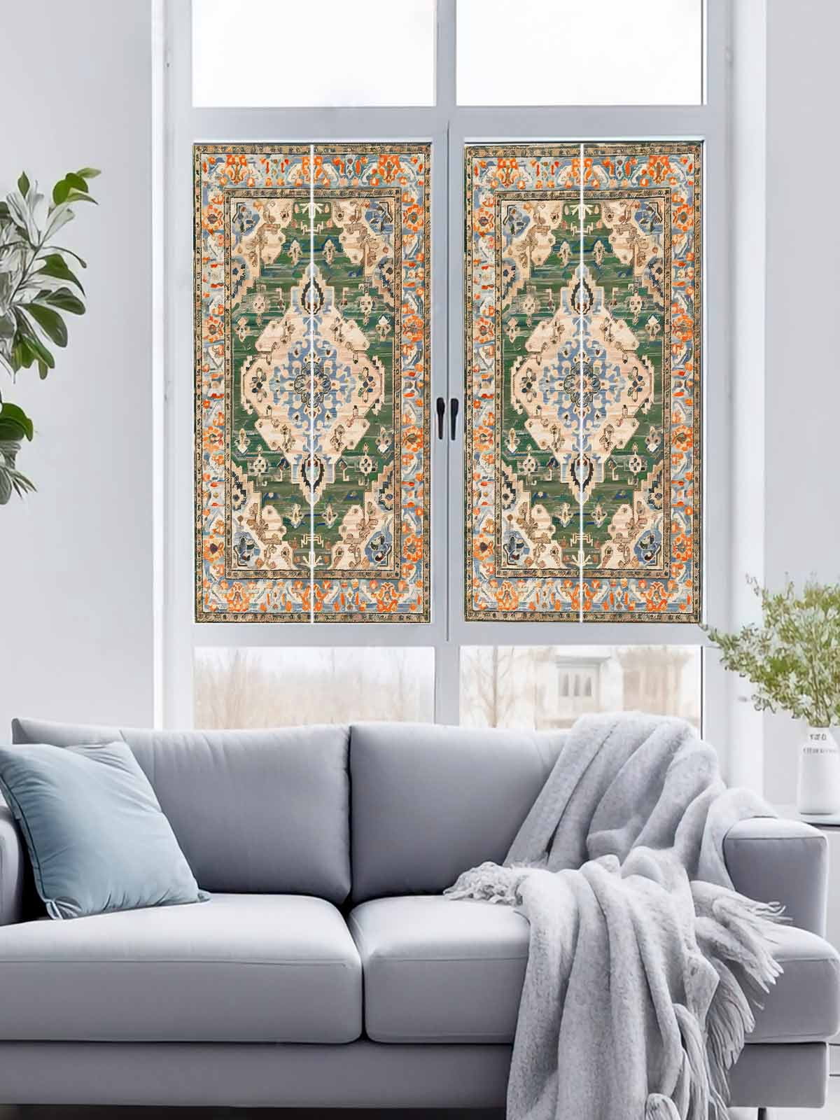 Static Cling Door Window Covering, Boho Window Privacy Film Frosted, Green Brown Ethnic Tribe Abstract Vintage Western UV Blocking Windows Film for Office, Hotel, Bedroom, 29.5 x 78.7 Inches