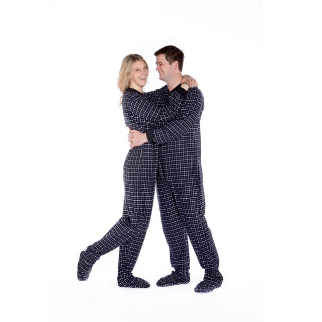 Pyjama pour Adulte à Pieds en Flanelle de Coton à Carreaux Noir et Blanc avec Siège Rabattable