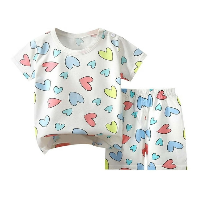 Ensemble de Pyjama à Manches Courtes pour Enfants, Deux Pièces en Coton avec Imprimé d'Amour, Col Rond, Taille Élastique, Blanc, Printemps Été