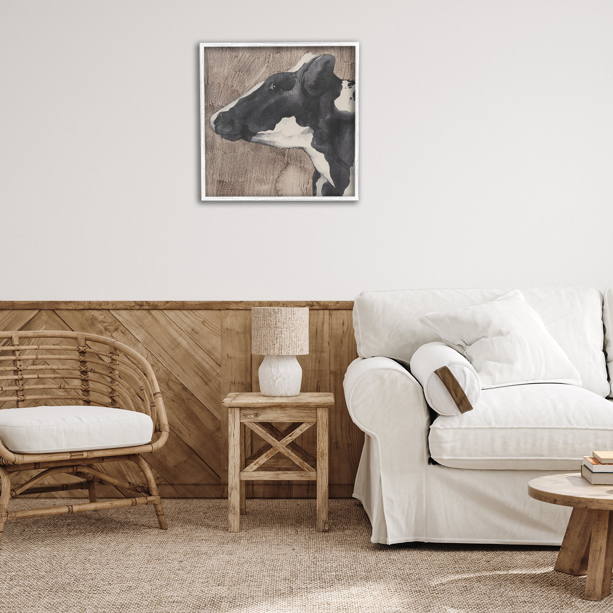Stupell Industries Rustic Cow Looking Left Animals & Insects Painting White Framed Art Print Wall Art, 24 x 24