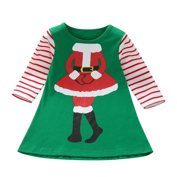 Mercatoo Toddler Xmas Outfits Kids Baby Girls Long Sleeve Cartoon Print Patchwork Striped Princess Dress Christmas Clothes