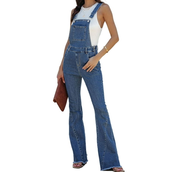 Denim Pocket Front Flared Overalls for Women Blue Small