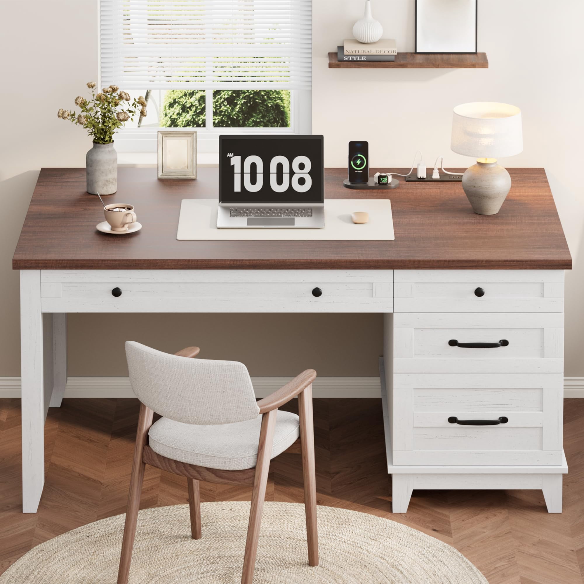 Accreate Farmhouse Office Desk with Charging Station & File Drawer | 53.5" Wooden Computer Desk with Built-in USB Ports, Executive Computer Desk Workspace for Home Office