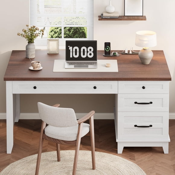 AKDSteel Farmhouse Office Desk With Charging Station And File Drawer, 53.5" Wooden Computer Desk With Usb Ports