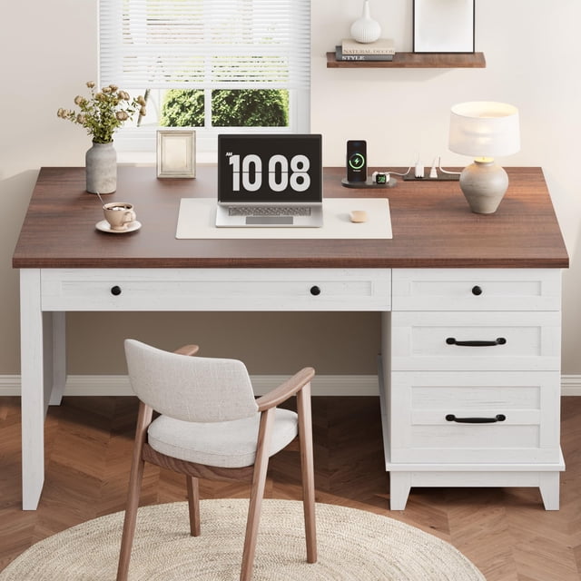 AKDSteel Farmhouse Office Desk With Charging Station And File Drawer, 53.5" Wooden Computer Desk With Usb Ports