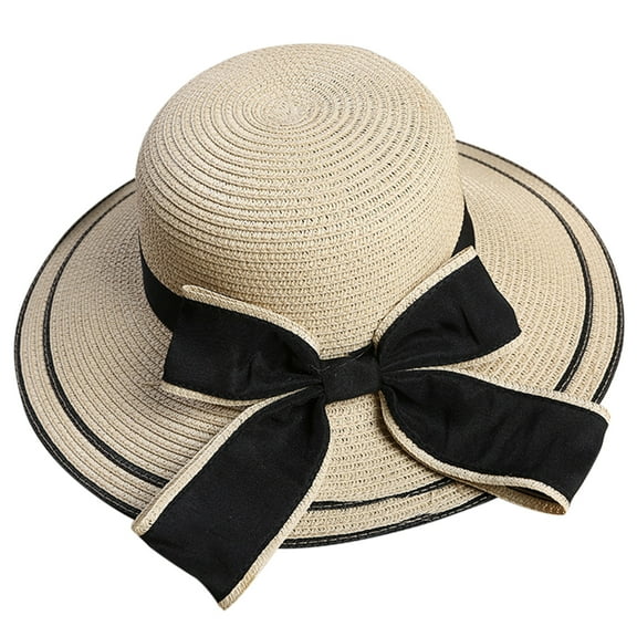 Masteelf Fashion Women Girls Bowknot Roll-up Wide Trim Band Summer Sun Straw Hat Beach (Beige)