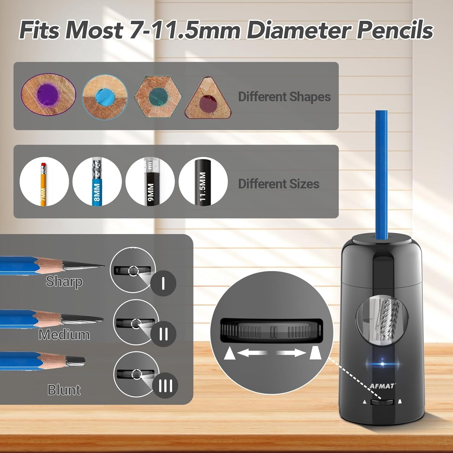 AFMAT Electric Pencil Sharpener, Rechargeable Fully Automatic Pencil Sharpener for Jumbo & Colored Pencils (7-11.5mm), Auto in/Out, Hands-Free, Portable for Home/Classroom/Office,Black