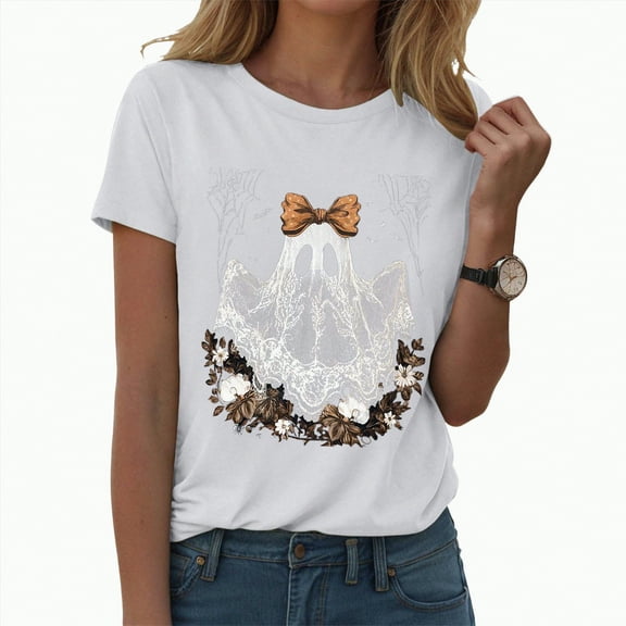 HCNTES Halloween Shirts for Women Ghost T Shirt Funny Spooky Season Shirt Cute Ghost Graphic Tees Casual Short Sleeve Tops(XXL,A162-White)