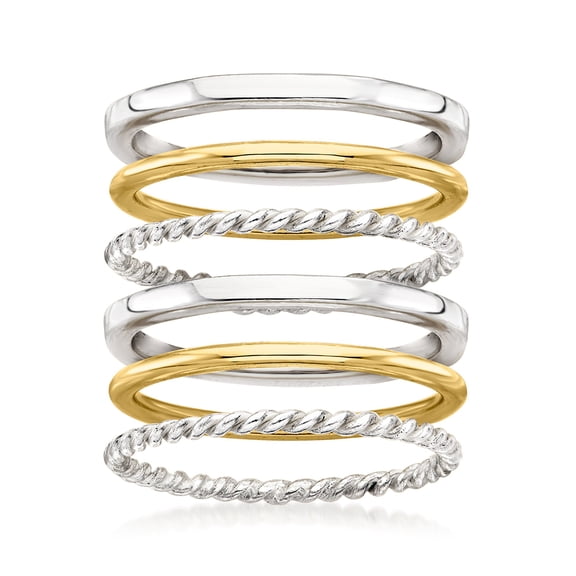 Ross-Simons Sterling Silver and 18kt Gold Over Sterling Jewelry Set: 6 Stackable Rings, Women's, Adult
