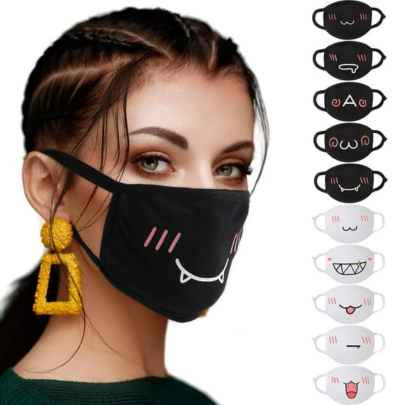 10 Pieces Kawaii Mask Anime Face Mouth Mask Cute Mouth Covering Reusable Washable Mouth Mask, Black and White