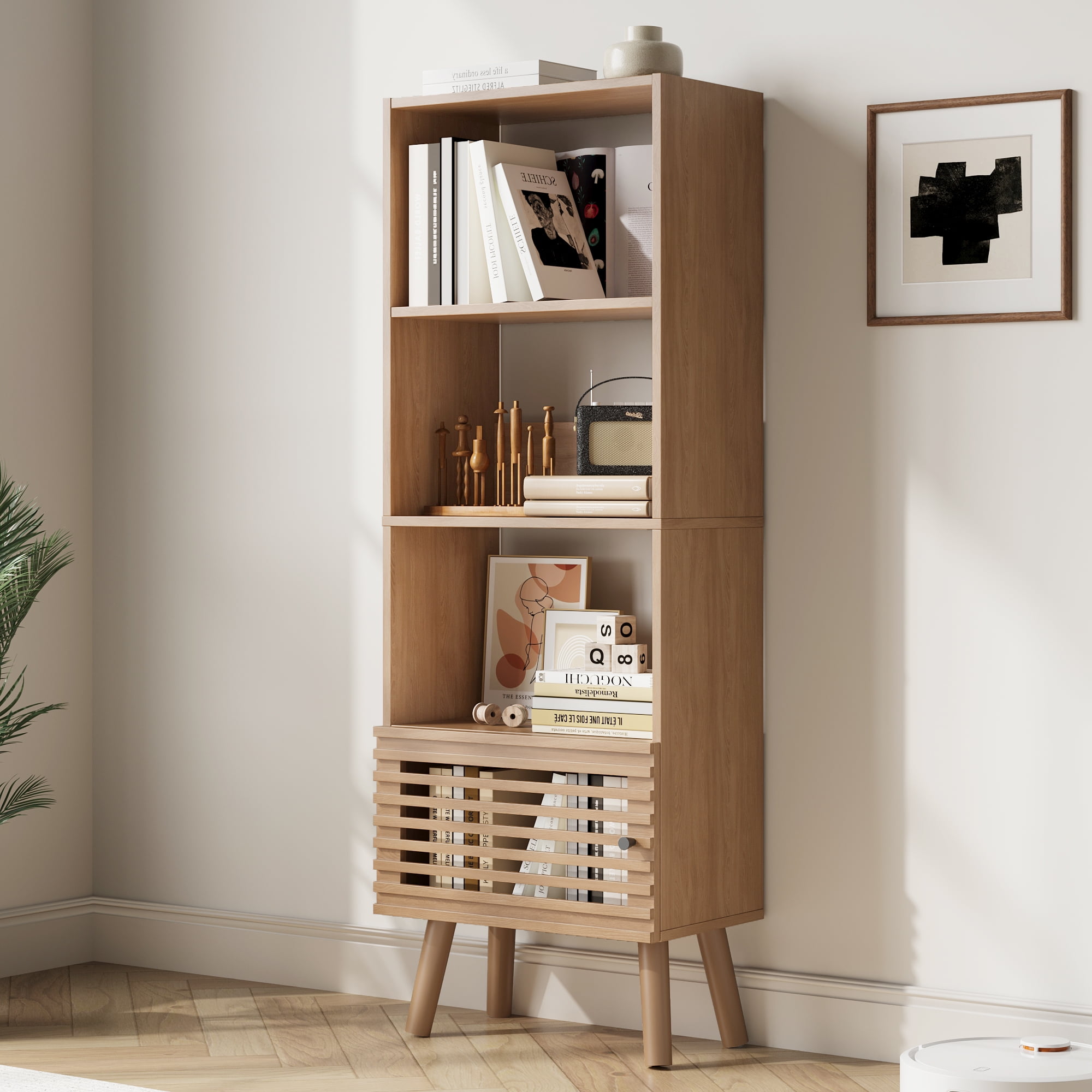 Mid-Century Modern Bookshelf with Slatted Door, 55" H Small Narrow Corner Bookcase, 4 Cube Bookcase with Open Shelf, Display Storage Cabinet for Living Room, Home Office, Oak