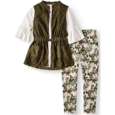 - Crochet Lace Vest, Ruffle Sleeve Top, and Legging, 3-Piece Outfit Set (Little Girls & Big Girls)
