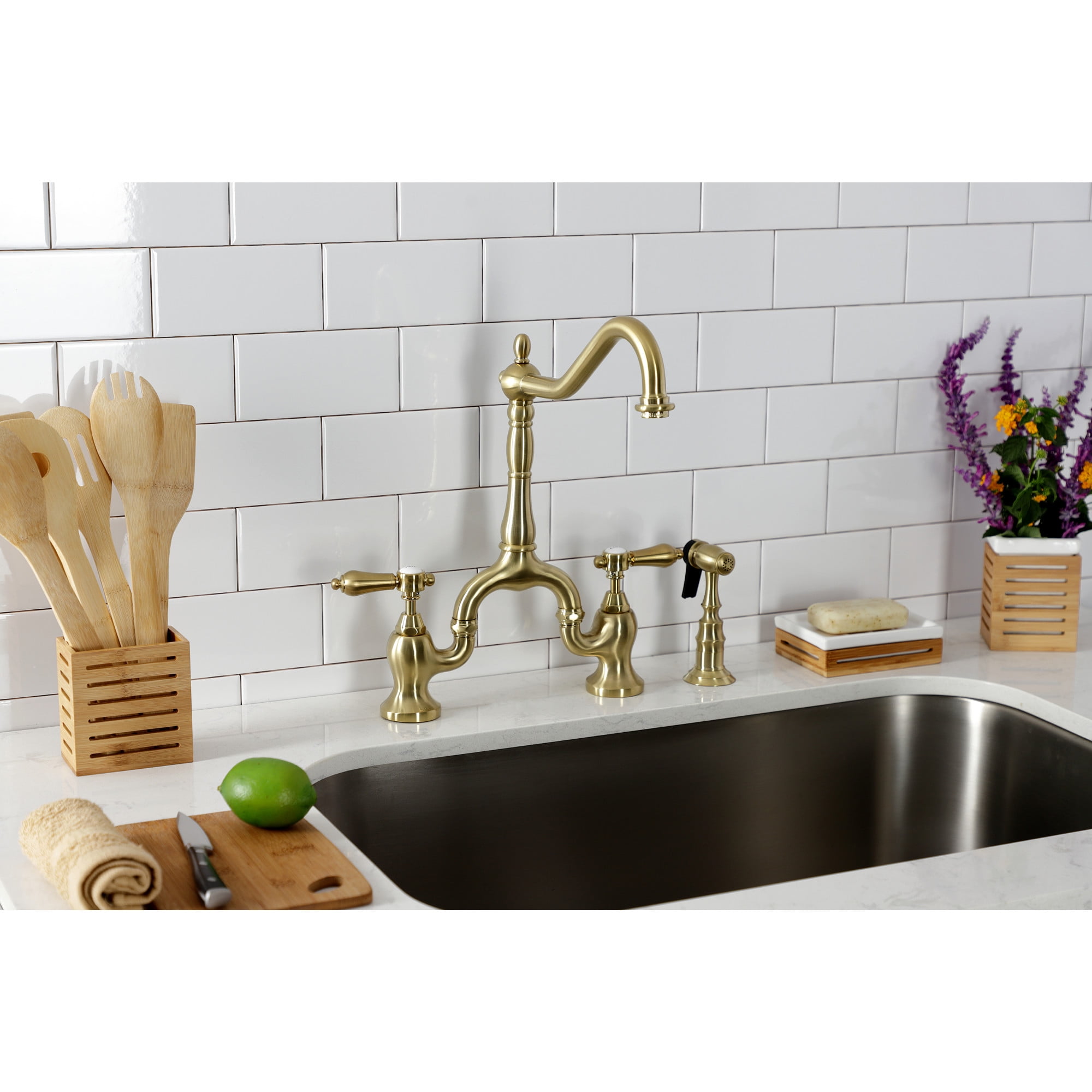 Kingston Brass KS7757BALBS Heirloom Two-Handle 3-Hole Deck Mount Bridge Kitchen Faucet with Brass Side Sprayer in Brushed Brass