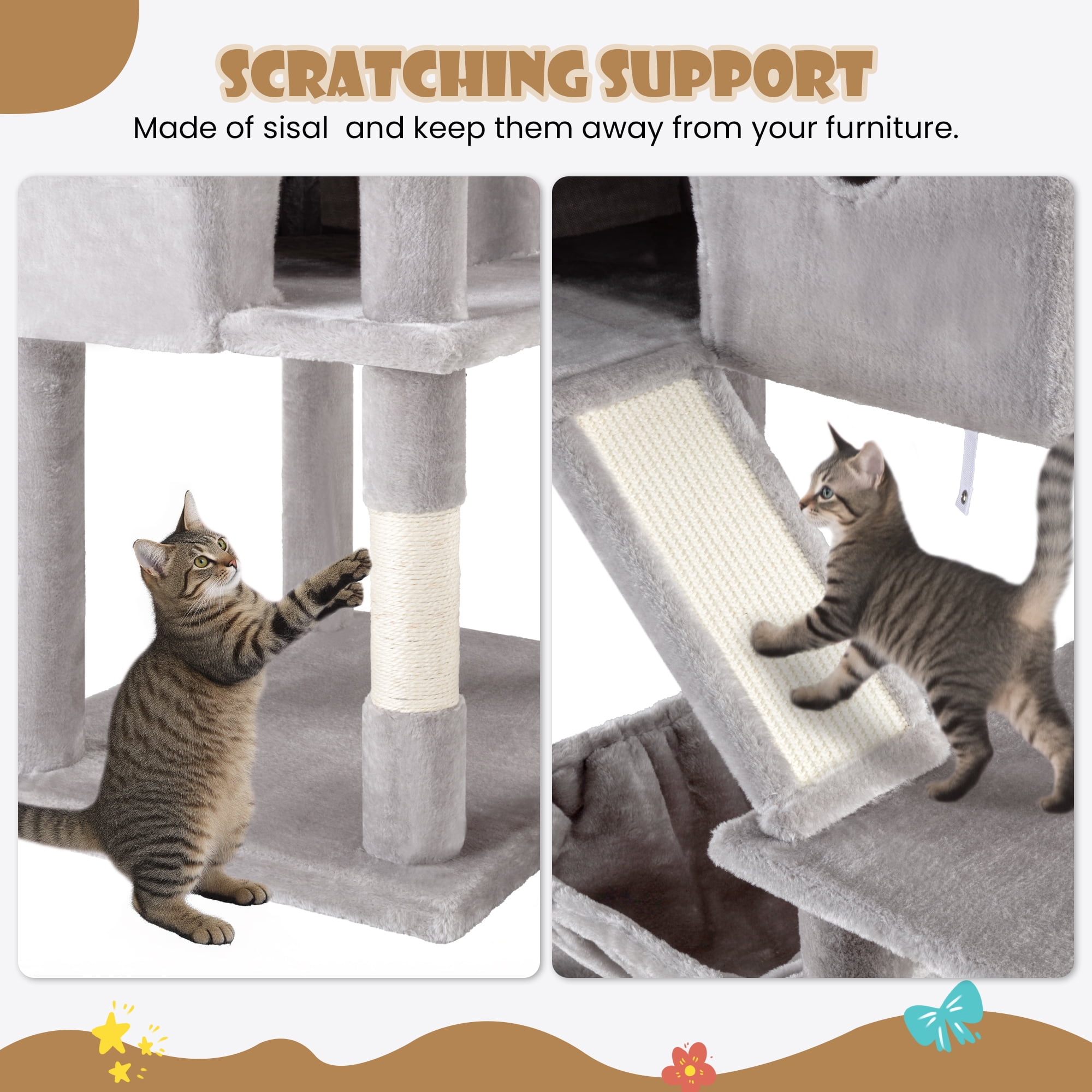 Sha Cerlin 81" Large Cat Tree Tower with Cat Condo & Hammock, Multi-Level & Sisal Scratching Post, Grey